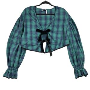 Out From Under Charlotte Green Plaid Top Womens Sz L Velvet Bow Puff Sleeve